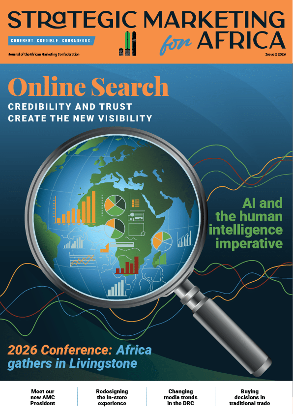 Cover of Strategic Marketing for Africa showing a magnified globe with charts and the headline 'Online Search'.